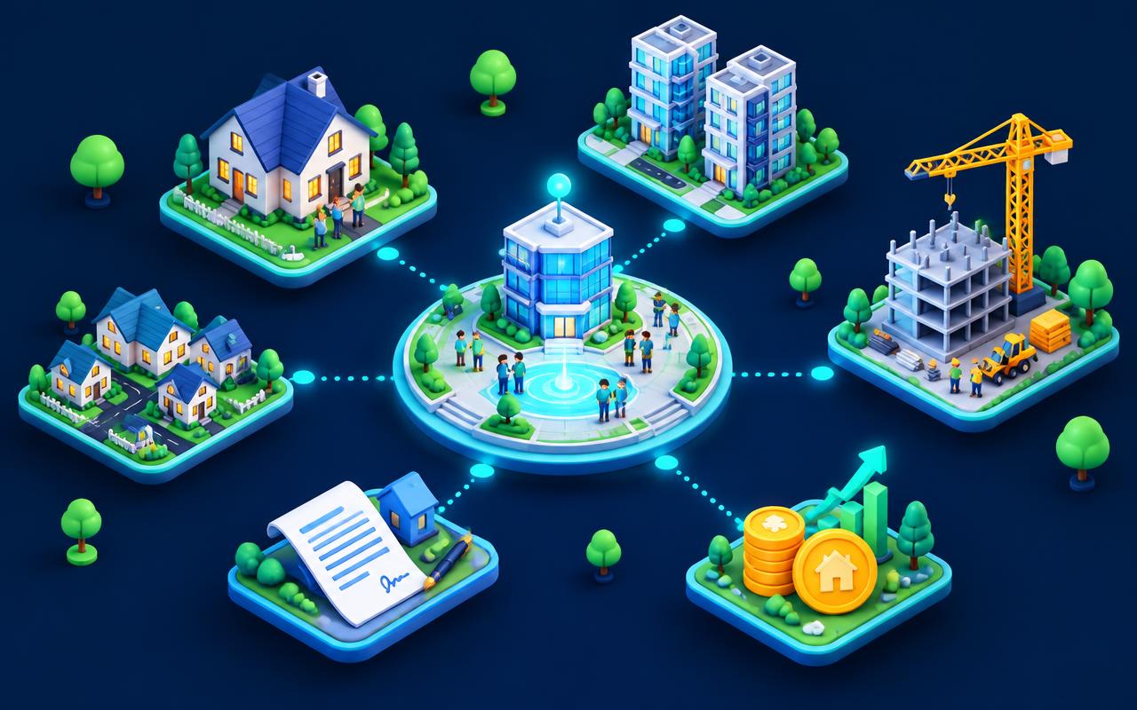 Ilustração de um hub de negócios imobiliários
